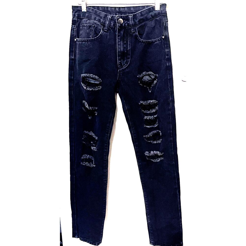 Black Distressed Jeans Womens Sz 28 Straight leg High Rise Destroyed Grunge